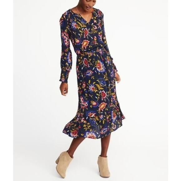 OLD NAVY Smocked Waist Floral Boho Long Sleeve Midi Dress Small Cottagecore - Picture 1 of 14